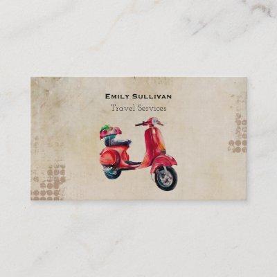 Red Moped In Watercolor With Flower Basket
