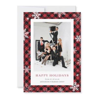 Red Plaid Snowflake Photo Corporate Business Holiday Card