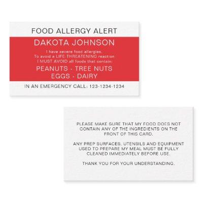 Red Restaurant Food Allergy Alert Card