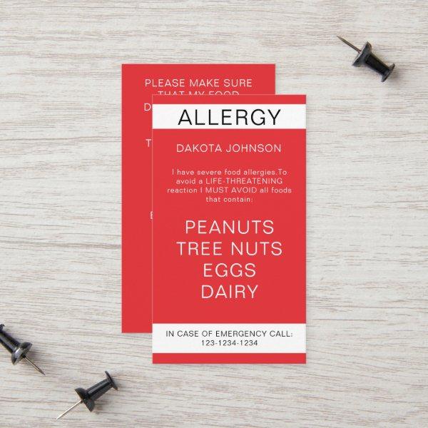 Red Restaurant Food Allergy Alert Card