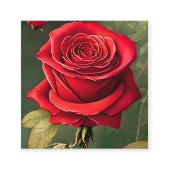 Red Rose Botanical Painting Sticker Square