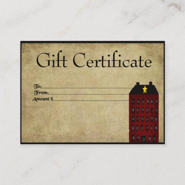Red Saltbox House- Prim Gift Certificate Gift Card