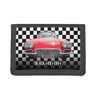 Red Sport's Car, White Name, B/W Checkered Trifold Wallet