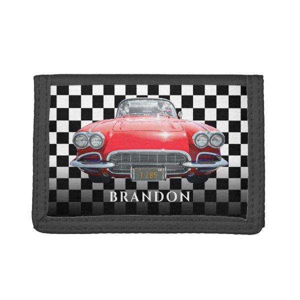 Red Sport's Car, White Name, B/W Checkered Trifold Wallet