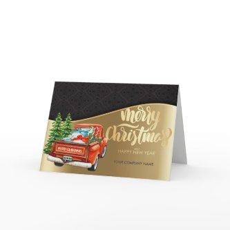 Red Truck Pine Tree Merry Christma Gold Greeting Holiday Card