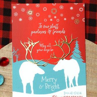 Red, Turquoise Office Holiday Card Rustic Reindeer