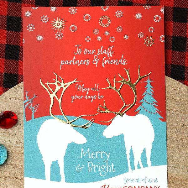 Red, Turquoise Office Holiday Card Rustic Reindeer