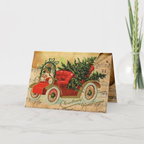 RED VINTAGE CAR,CHRISTMAS TREE AND MUSICAL NOTES