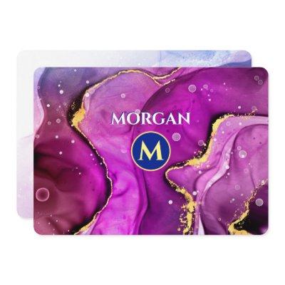 Red-Violet & Gold Liquid Ink, Monogram & Name Note Card