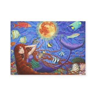 Redhead Mermaid in Corset with Moon and Fish