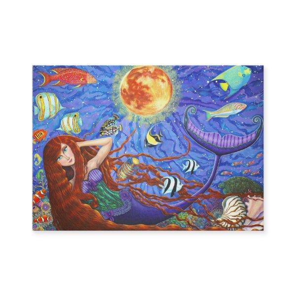 Redhead Mermaid in Corset with Moon and Fish