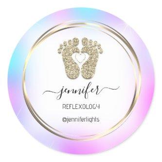 Reflexology heart Feet Gold Holograph Gold Frame Classic Round Sticker