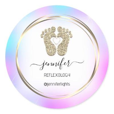 Reflexology heart Feet Gold Holograph Gold Frame Classic Round Sticker