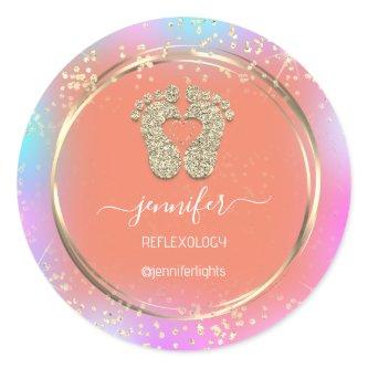 Reflexology Heart Feet Holograph Gold Frame Orange Classic Round Sticker