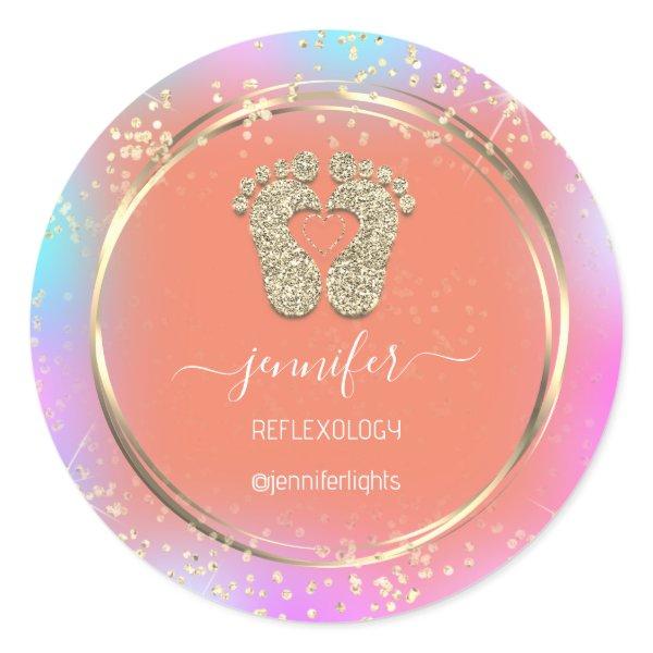 Reflexology Heart Feet Holograph Gold Frame Orange Classic Round Sticker