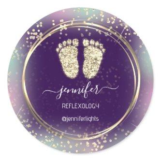 Reflexology Heart Feet Holograph Gold Frame Purple Classic Round Sticker