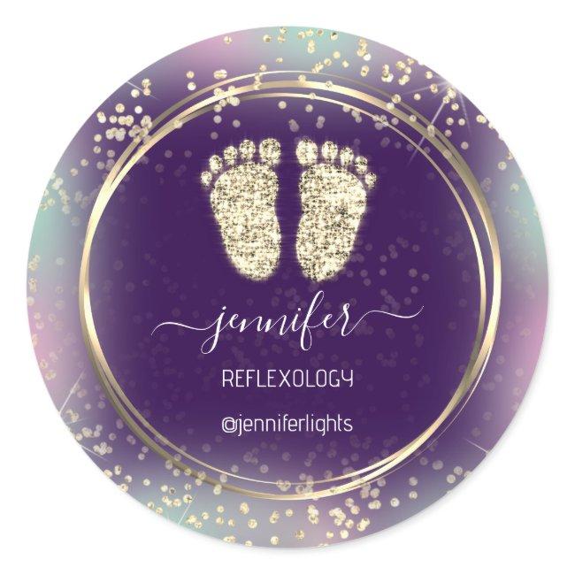 Reflexology Heart Feet Holograph Gold Frame Purple Classic Round Sticker