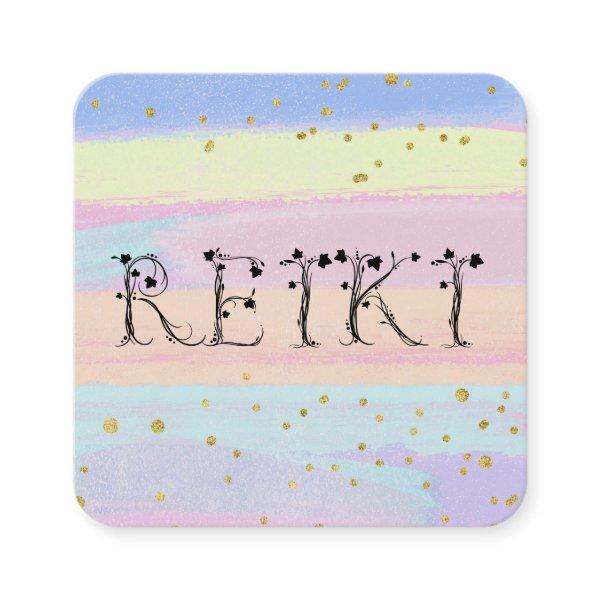 *~*  REIKI Ivy Typography Pastel Gold Glitter Square