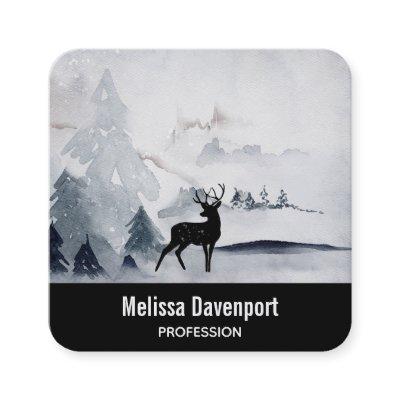 Reindeer in the Wild Gray Watercolor Christmas Square