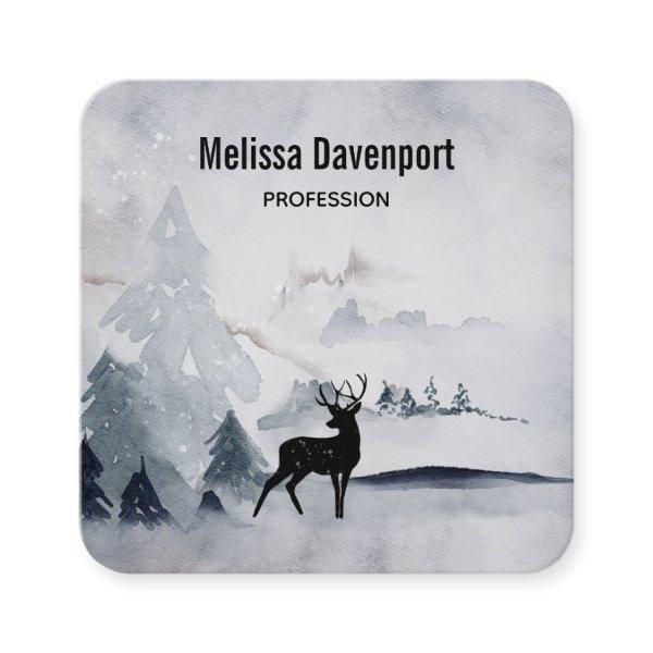 Reindeer in the Wild Gray Watercolor Christmas Square