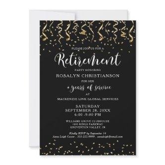 Retirement Party Black Gold Confetti Script Invitation