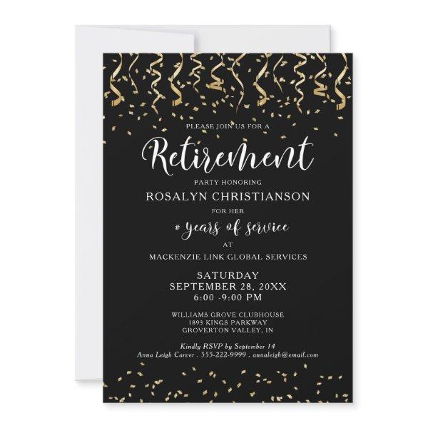 Retirement Party Black Gold Confetti Script Invitation