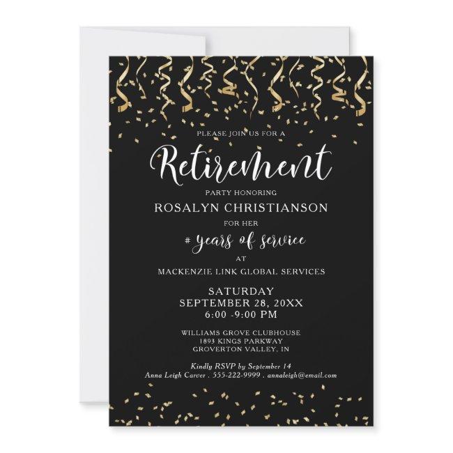 Retirement Party Black Gold Confetti Script Invitation