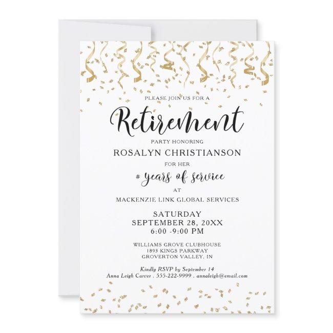 Retirement Party Gold Confetti Streamers Script Invitation