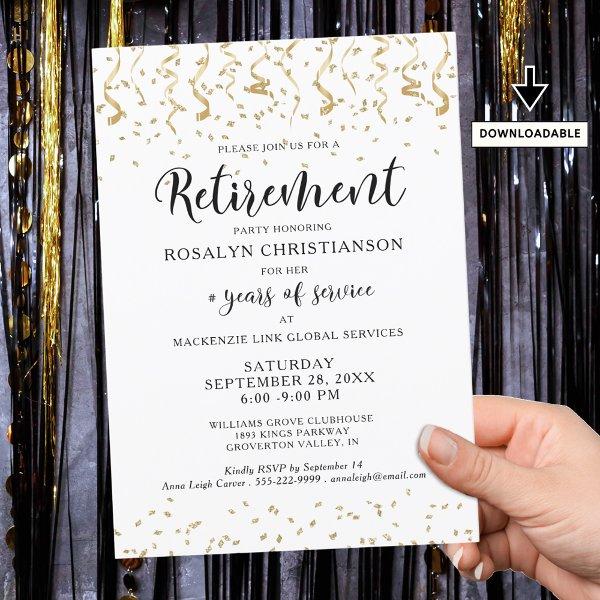 Retirement Party Gold Confetti Streamers Script Invitation