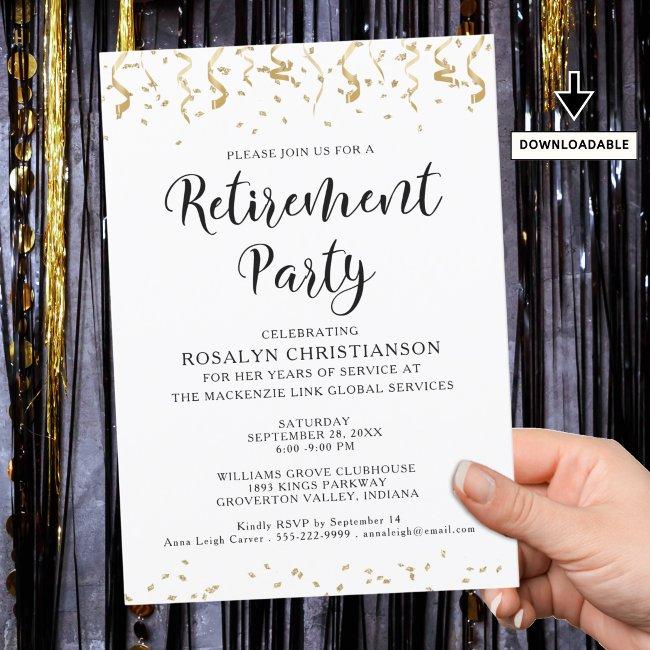 Retirement Party Modern Gold Confetti Streamers Invitation