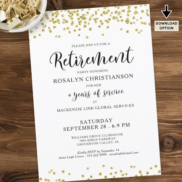 Retirement Party Modern Script Gold Confetti Invitation