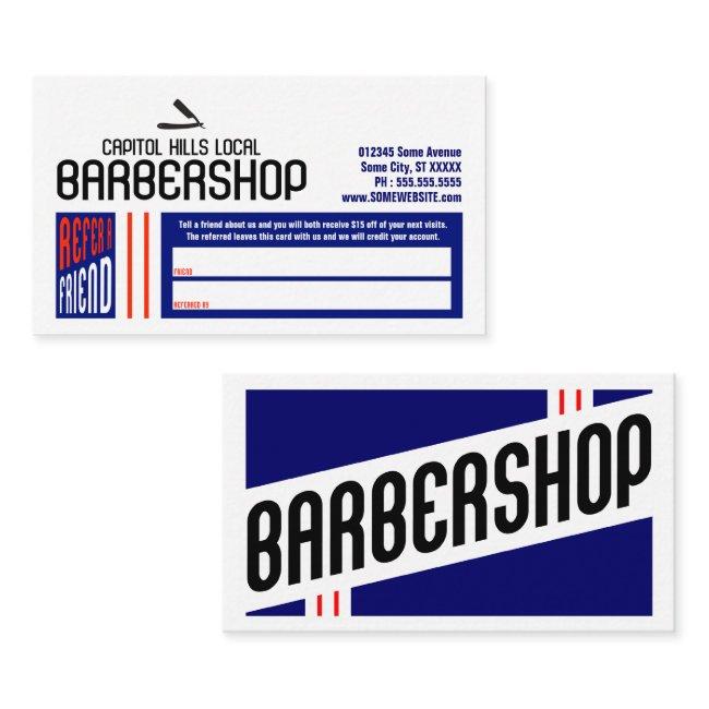 retro barbershop refer a friend referral card