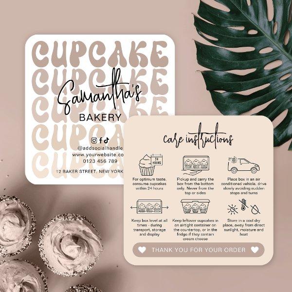 Retro Beige Trendy Logo Cupcakes Care Instructions Square