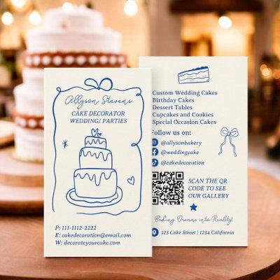 Retro blue French Scribbles cake decorator qr code
