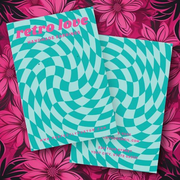 Retro checkerboard swirl aqua blue earring card