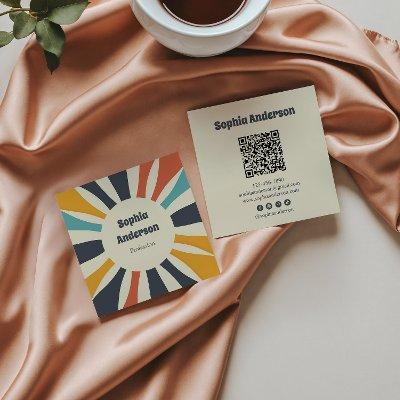 Retro Colorful Sunburst with QR Code - Elegant Square