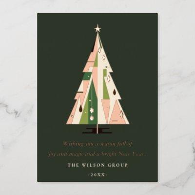Retro Forest Green Christmas Tree Business Logo Foil Holiday Card