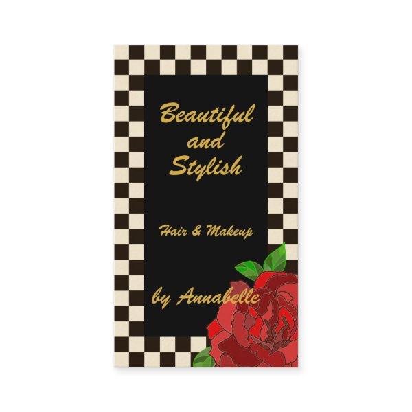 Retro Gold Black White Chessboard Red Rose