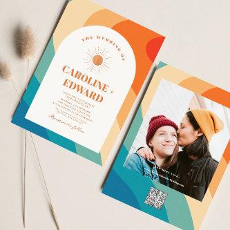 Retro Groovy Colorful Wavy Boho Wedding Qr Code