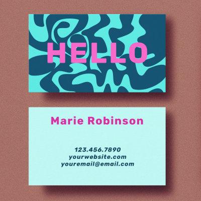 Retro Groovy Navy Blue Aqua Pink Hello