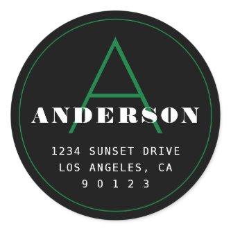 Retro-Modern Monogram Address | Black Green White Classic Round Sticker