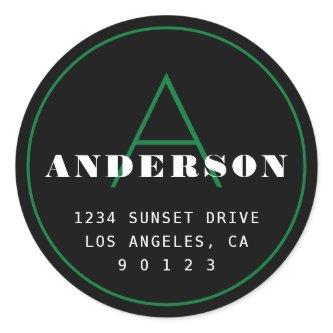 Retro-Modern Monogram Address | Black Green White Classic Round Sticker