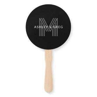 Retro Modern Name/s Editable Monogram Black & Gray Hand Fan