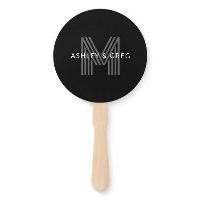 Retro Modern Name/s Editable Monogram Black & Gray Hand Fan