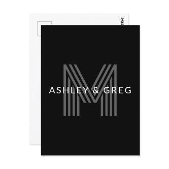 Retro Modern Name/s Editable Monogram Black & Gray Postcard
