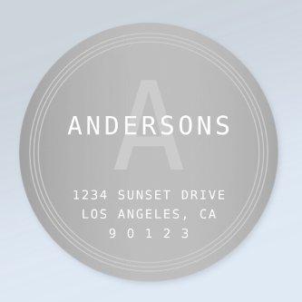 Retro-modern Silver Grey Look Monogram & Address Classic Round Sticker