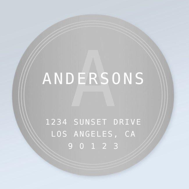 Retro-modern Silver Grey Look Monogram & Address Classic Round Sticker