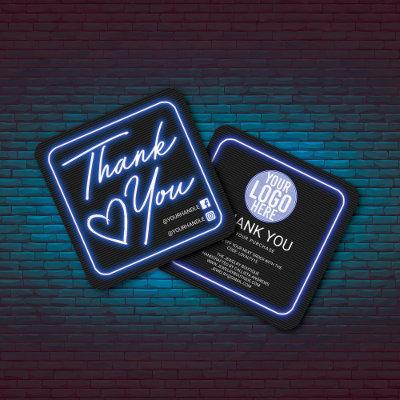Retro Neon Blue Lighted Sign Customer Thank You Square