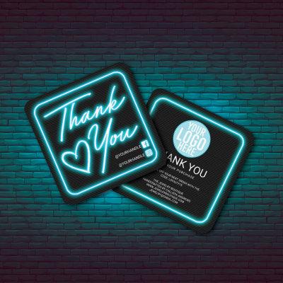 Retro Neon Teal Lighted Sign Customer Thank You Square