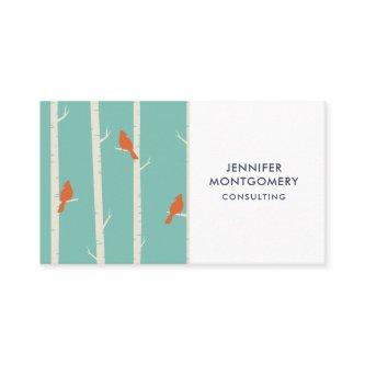 Retro Orange Birds on Birch Trees Illustration